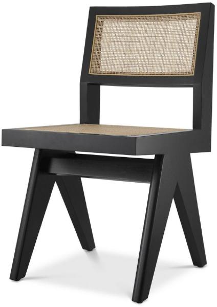 Casa Padrino Luxus Esszimmerstuhl Schwarz / Naturfarben 44 x 54 x H. 85,5 cm - Massivholz Stuhl mit Rattangeflecht - Luxus Esszimmer Möbel