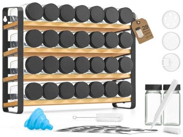 SONGMICS Gewürzregal mit 28 Gewürzgläsern, Gewürz-Organizer, Küchenregal, mit Etiketten und Zubehör, schwarz-naturfarben