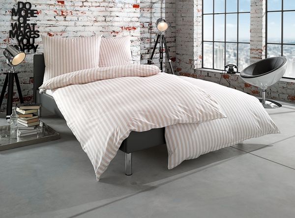 Bettwaesche-mit-Stil Mako-Batist Landhaus Bettwäsche „Oslo“ Streifen beige Kissen 40x80