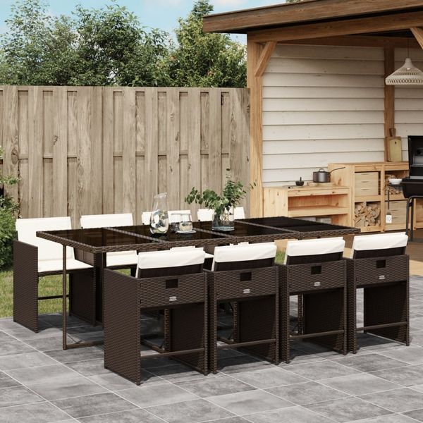 vidaXL 9-tlg. Garten-Essgruppe mit Kissen Braun Poly Rattan 3211101