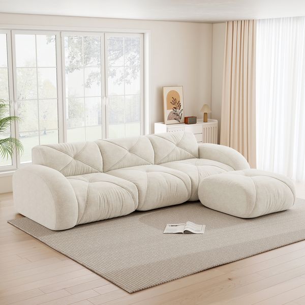 3-Sitzer Sofa 281×171×76 cm aus Chenille rahmenlos modular mit Hockern, weiß