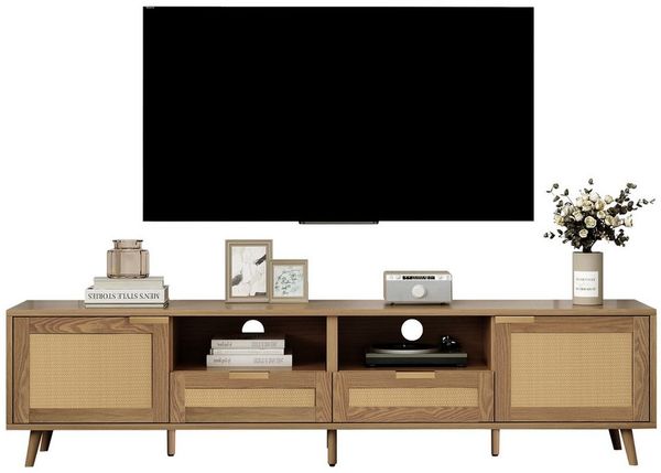 REDOM TV-Schrank TV-Schrank mit Rattan Design (Lowboard mit 2 Schubladen und 2 Türen) Fernsehtisch mit Rattangeflecht Design, TV-Board