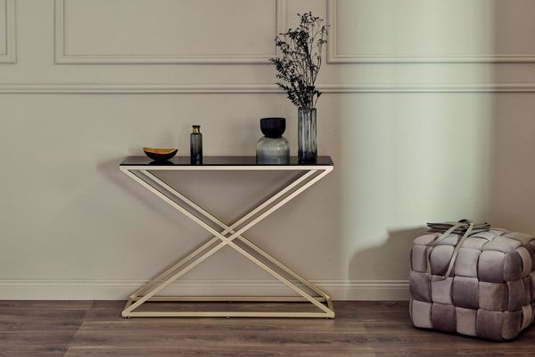 Jahnke Xtra Console Konsole, Engineered Wood, Schwarzglas/Goldfarben, One Size