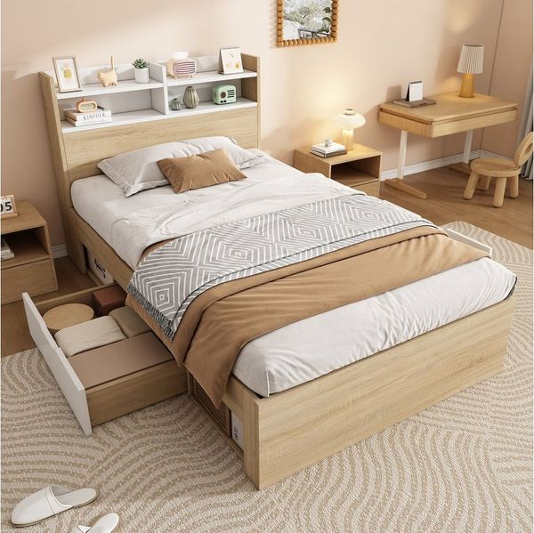 Flieks Kinderbett, Holzbett Einzelbett 90x200 cm mit 2 Schubladen & offenen Fächern