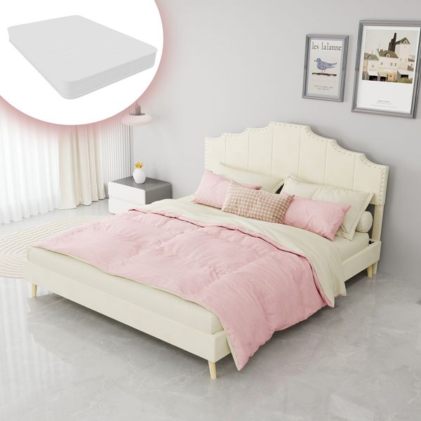 Modern minimalist soft bed, comfortable and soft headboard, 160*200CM,beige , multifunctional bedroom furniture, bed frame with low box does not include pneumatic rod,include 160*200CM mattress.