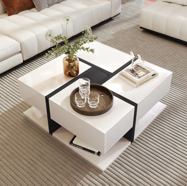 Couchtisch 78 x 78 x 36 cm mit 4 Schubladen und Ablagefach – Hochglanz in Weiß und Schwarz