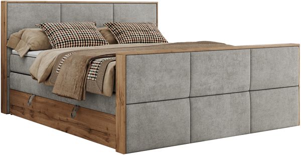 Doppelbett, Boxspringbett mit zwei Multipocket-Matratzen und ein Topper, Bettkästen, Eiche Wotan Holzrahmen, genähtes Kopfteil und Front - ALBERO 2 KING DUO - 140 x 200 cm - Hellgrau Stoff - H4 Bild 4