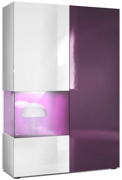 Vladon Vitrine Kommode Hochschrank Morena, Korpus in Weiß matt / Rechte Tür und der Einsatz in Brombeer Hochglanz, inkl. LED Beleuchtung