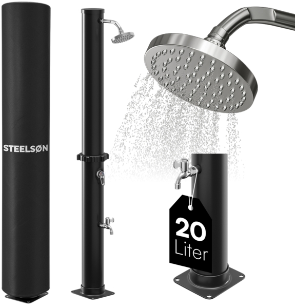 STEELSØN 'Velion' Solardusche 20 Liter, schwarz, warmes Wasser bis 60°C, schwankender Regenduschkopf und Wasserhahn, inkl. Schutzhaube