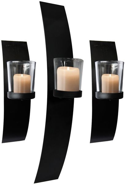 3er Set Wandkerzenhalter Metall mit Glas Kerzenhalter Wanddeko Wandlicht schwarz