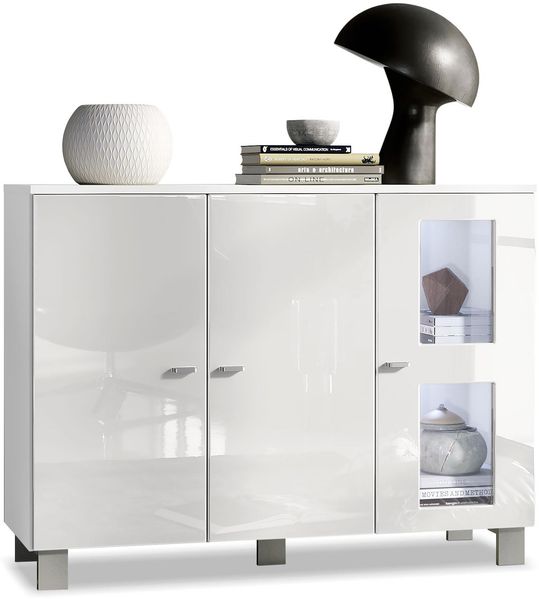 Vladon Sideboard Denjo, Kommode mit 3 Türen, Weiß matt/Weiß Hochglanz, inkl. LED-Beleuchtung (107 x 81 x 35 cm)