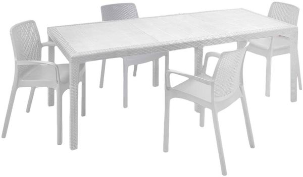 Dmora Tisch- und Stuhlset Cortanze, Indoor-Lounge, ausziehbarer rechteckiger Tisch mit 4 Stühlen mit Armlehnen, Made in Italy, Weiß
