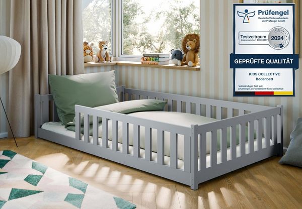 Kids Collective Kinderbett Bodenbett Bett mit Rausfallschutz & Lattenrost Montessori Bett Kinder (Jungen, Mädchen, Kinder, weitere Größen 80x160, 80x180, 90x190, 90x200, 140x200 cm), Jugendbett Einzelbett Aschgrau Kiefer 120x200 cm