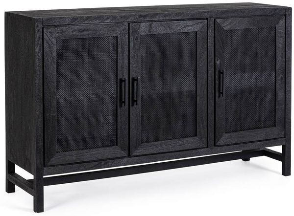 Sideboard Weston aus Mangoholz, modernes Design mit Rattan-Türen, schwarz, 125 cm, mit Magnetverschluss