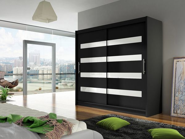 Kleiderschrank London XI, ohne Beleuchtung, Farbe: Schwarz / Schwarz + Weiß Lacobel