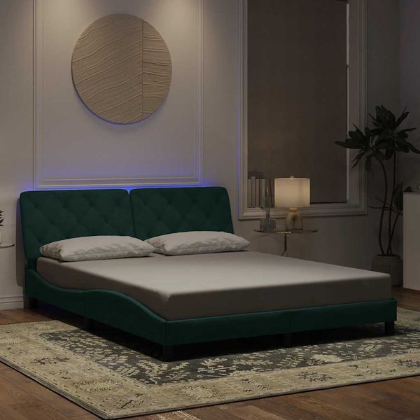 vidaXL Bettgestell mit LED ohne Matratze Dunkelgrün 160x200 cm Samt 3213864