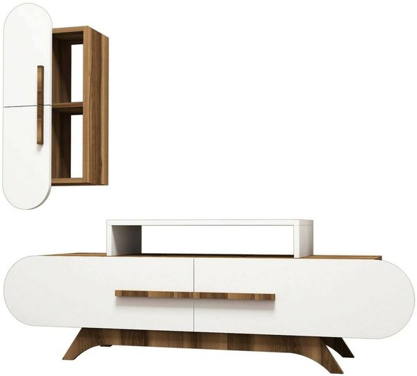 Dmora Wohnzimmermöbel Ifigenia, Modulares Wohnzimmerset, Mehrzweck-Wohnzimmermöbel, Moderner TV-Schrank, 145x37h50 cm, Walnuss und Weiß