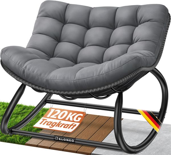 ELONEO Schaukelstuhl Outdoor XXL, ergonomischer Schaukelsessel mit Premium Sitzpolster für drinnen & draußen, Balkonsessel, wetterfester Loungesessel Outdoor, rutschfest, bis 120kg, Grau, mit Hocker