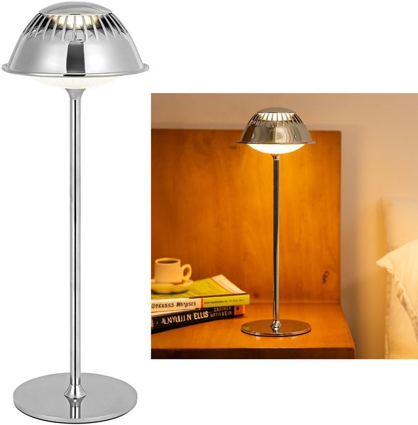 LuminexDesigns Kabellose LED Tischlampe Modern – Industrial Silbern Metall Design Touch Dimmbar, Wasserfest Chrom Tischleuchte Akku für Nachttisch, Wohnzimmer, Arbeitszimmer, Büro, Café, Bar & Outdoor