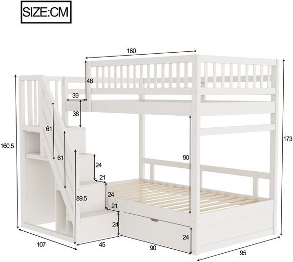 Etagenbett Liegefläche 90x200 cm aus Holzmaterial mit Sicherheitsgitter, Stauraum-Leiter und Schublade Bild 5