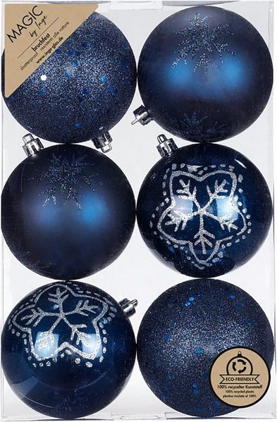 MAGIC by Inge Weihnachtsbaumkugel, Weihnachtskugeln Kunststoff 8cm mit Glitzer 6er Set - Night Blue