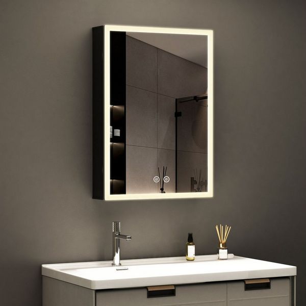 WDWRITTI Spiegelschrank klein 40x60cm Bad mit Beleuchtung Alu Badezimmerspiegelschrank Schwarz (Wandschrank Hängeschrank Anti-fog 3Lichtmodi Dimmbar, mit Speicherfunktion) Doppelseitiger Spiegel, IP44, mit Netzadapter