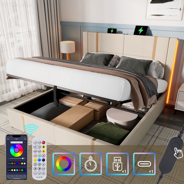 Polsterbett 160x200 cm Beige mit LED-Beleuchtung, USB Typ-C Ladeanschluss, hydraulischem Stauraum & Kopfteil im Goldlinien-Design,inklusive Matratze