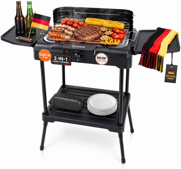 Sommertal BBQ231 Elektrogrill | Balkongrill | 2200W | Camping Grill | 2in1 Tischgrill mit Standfuß | Stufenloser Temperaturregler | Ablagefläche