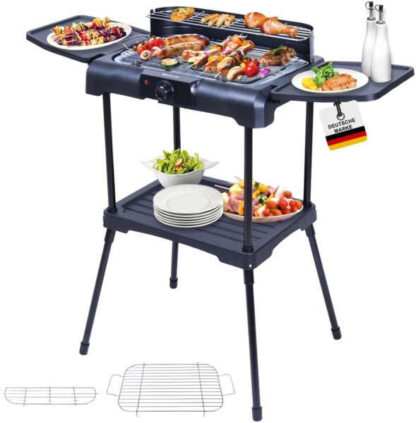 Sommertal BBQ231 Elektrogrill | Balkongrill | 2200W | Camping Grill | 2in1 Tischgrill mit Standfuß | Stufenloser Temperaturregler | Ablagefläche
