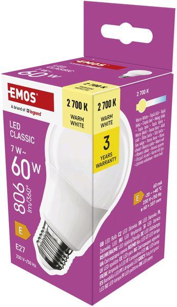 EMOS LED Lampe A60-Birne, 7W Ersatz für 60W Glühbirne, klassische Birne mit E27 Sockel, Helligkeit 806 lm, Warmweiß 2700 K, 30000 h Lebensdauer, CRI min. 80, 180° Abstrahlwinkel