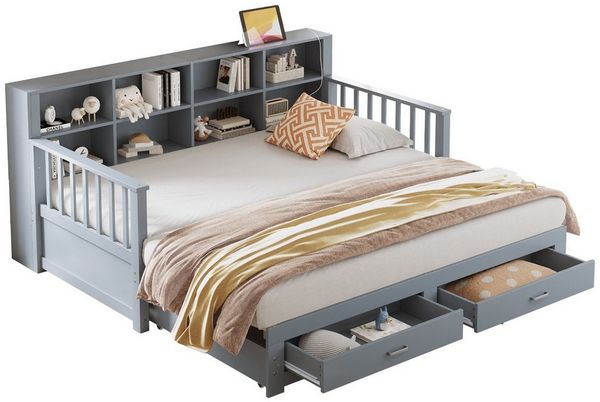 MODFU Schlafsofa Multifunktionales Zwei-in-Eins-Tagesbett, Daybett 90/180x190 cm aus Massivholz mit Ausziehfunktion, Stauraum in Rückenlehne, Steckdose, 2 Schubladen und Lattenrost, ohne Matratze