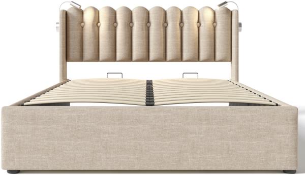 Merax Polsterbett, Hydraulisches Stauraumbett mit Leselicht und Ladefunktion 160x200cm, Leinen, Natürlich