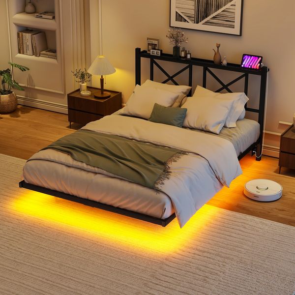 Flieks Doppelbett 120x200cm mit Kopfteil, Schwebebett mit LED-Beleuchtung & Ladestation, Schwarz