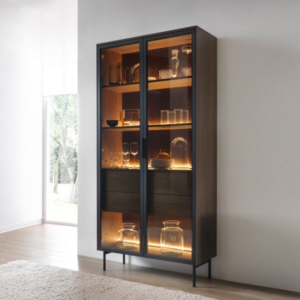yourhouse24 Glasvitrine LUMI mit Schubladen & LED – Eiche Dunin oder Kaschmir Riffelglas