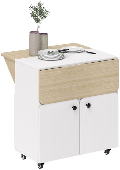 Klapptisch Rollschrank, zwei klappbare Tischseiten, Schrankfach, 4 Rollen, Weiß+Naturholz, 70 x 83 x 75cm
