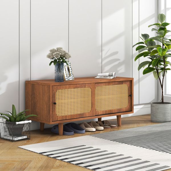 Schuhschrank modern mit Rattan-Türen, 104 x 40 x 48 cm, Walnuss, verstellbare Einlegeböden