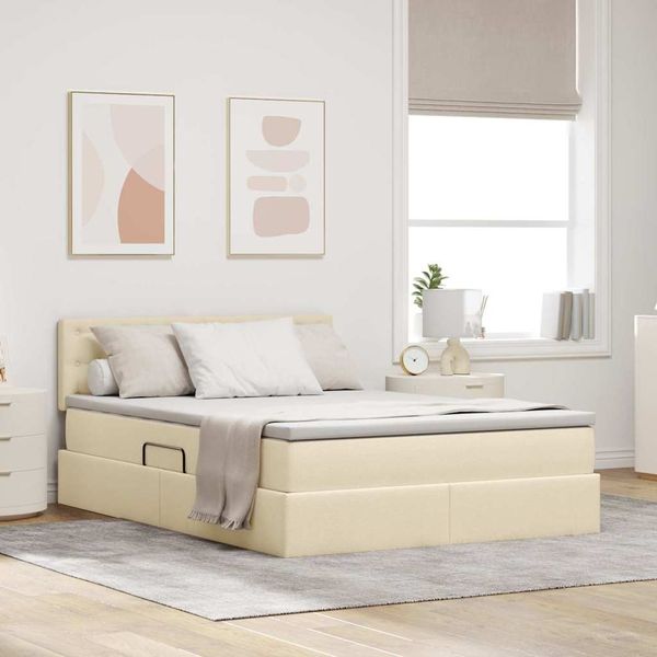 vidaXL Bett mit Stauraum und LED mit Matratze Creme 140 x 200 cm Stoff 3371278