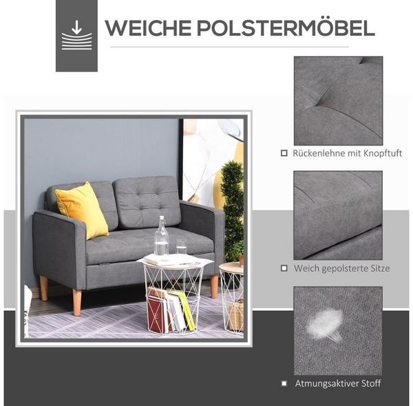 HOMCOM 2-Sitzer Sofa Stoffsofa Doppelsofa abnehmbar mit Kissen Gummiholz Baumwoll Grau 117 x 62 x 78 cm Bild 4