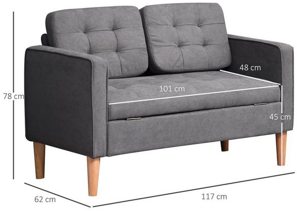 HOMCOM 2-Sitzer Sofa Stoffsofa Doppelsofa abnehmbar mit Kissen Gummiholz Baumwoll Grau 117 x 62 x 78 cm Bild 3