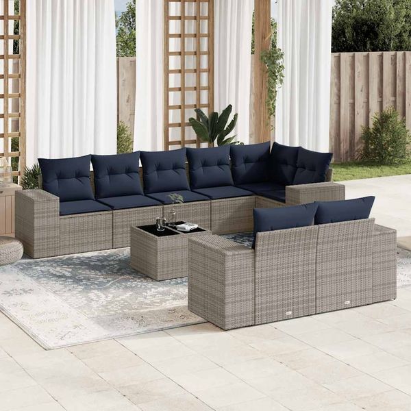 vidaXL 9-teiliges Gartensofa-Set mit Kissen, grau, Polyrattan 3222830
