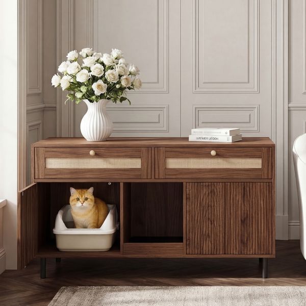 Merax Katzentoilettenschrank mit Sandfangmatte, Katzenschrank für Katzenklo, Haustierschrank mit Rattanschubladen, Haustier-Sideboard/TV-Schrank, Ohne Katzenklo, Nussbaumfarben