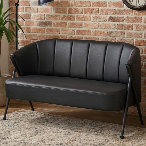 2er-Sofa HWC-P30, Zweisitzer Polster-/Lounge-Sofa Couch Vintage Retro Industrial Metall Kunstleder ~ schwarz