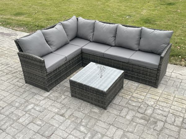 Fimous 6 Sitzer Rattan Gartenmöbel Set Ecksofa Set aus Polyrattan mit Quadratischer Couchtisch Dunkelgrau gemischt