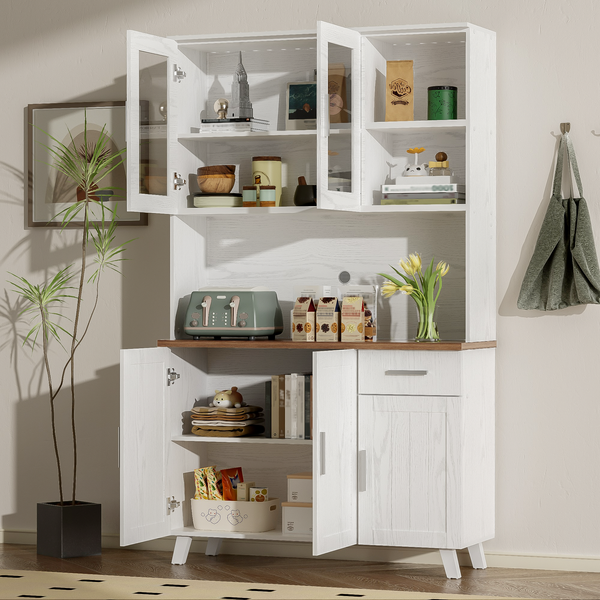 Sideboard 114x40x190 cm, 5 Türen, 1 Schublade & 2 Glastüren, weiße Holzmaserung mit brauner Arbeitsplatte