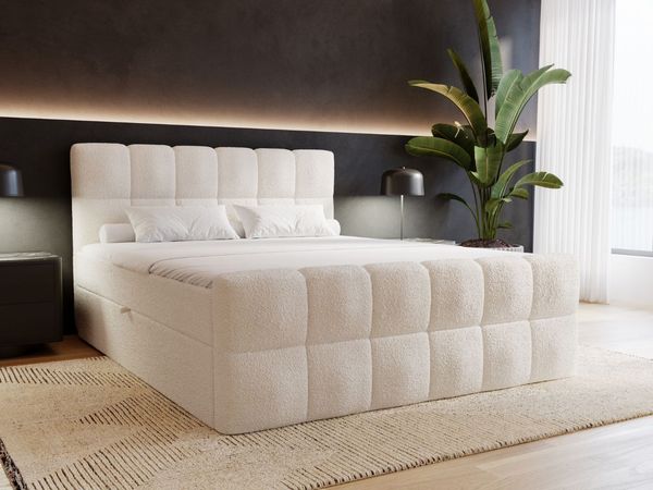 GRAINGOLD Alicante Doppelbett 160x200, Boxspringbett mit gepolstertes Kopfteil, zwei Bettkästen, Bouclé-Stoff, Beige