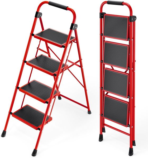 KINGRACK Stufen Leiter, Klappleiter mit Anti-Rutsch und breitem Pedal, Kleine Leiter mit Griff, Robuste Stahlleiter, leichte und tragbare Trittleiter (Rot, 4 Stufen mit handläufen)
