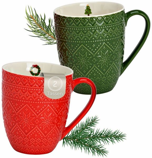 matches21 HOME & HOBBY Tasse Kaffeetassen 2er Set in Rot & Grün mit Winter Design, 2-tlg, Porzellan, Jumbo Weihnachts-Tassen aus Porzellan 410 ml