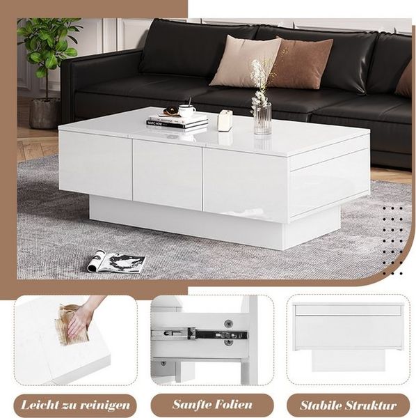 REDOM Couchtisch Kaffeetisch Weiß Hochglanz (Beistelltisch, Wohnzimmertisch, 1-St, mit vier Schubladen, verschiebbare Tischplatte), Tragkraft bis zu 30 kg Bild 4