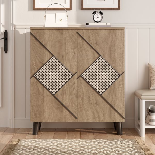 Schuhschrank aus Spanplatte mit Rattanoptik-Front & Türen, 80x31x91 cm, Holzfarben