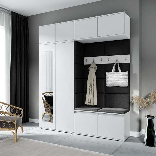 Garderoben-Set NIKOLA Kleiderschrank mit Polsterplatten, Schuhschrank und Schrankaufsatz 90 cm – Ideal für Flur und Eingangsbereich (Weiß, Trinity 16), 225 x 40 x 190 cm